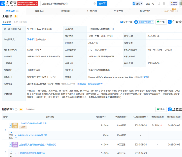 恒瑞盈 德尔股份成立智行科技公司，含AI相关业务